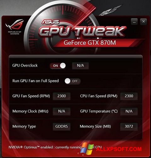 Screenshot ASUS GPU Tweak per Windows XP
