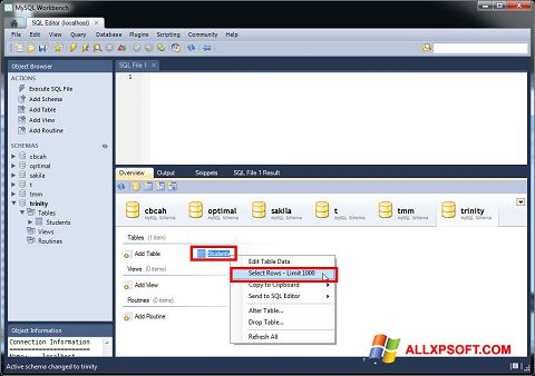 Screenshot MySQL Workbench per Windows XP