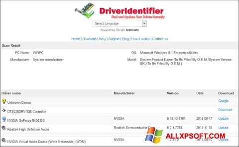 Screenshot Driver Identifier per Windows XP