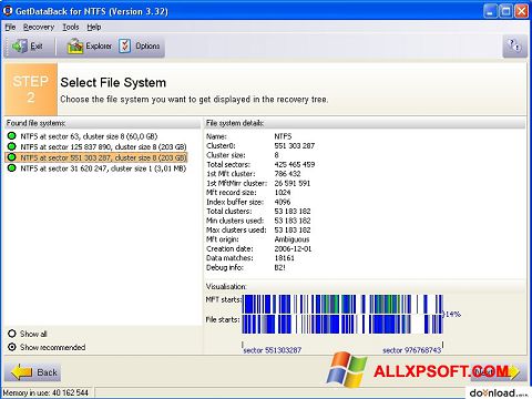Screenshot GetDataBack per Windows XP