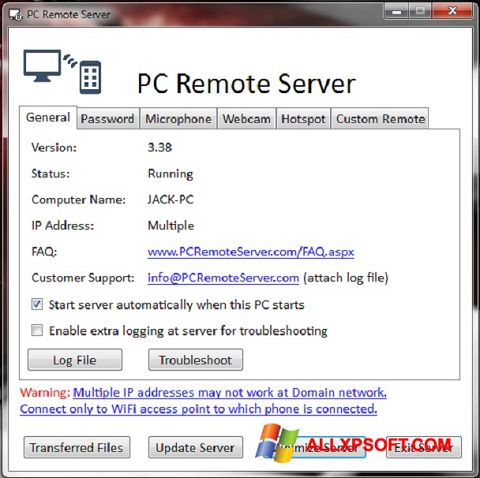 Screenshot PC Remote Server per Windows XP
