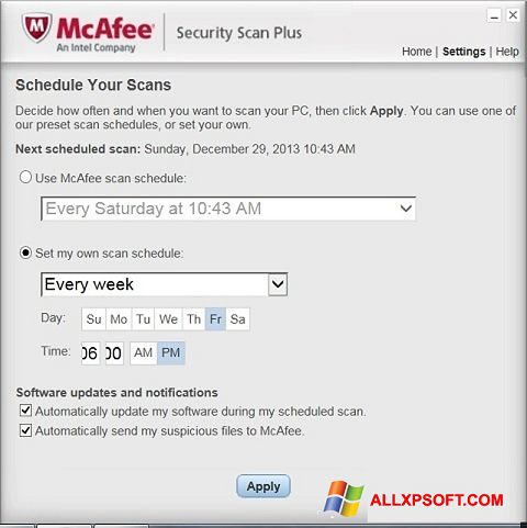 Screenshot McAfee Security Scan Plus per Windows XP