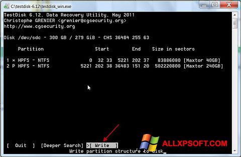 Screenshot TestDisk per Windows XP