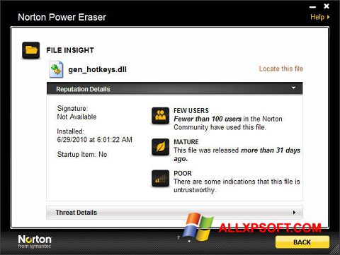 Screenshot Norton Power Eraser per Windows XP