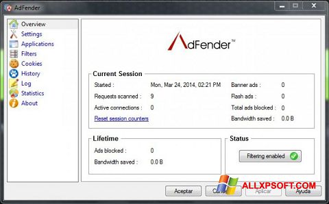 Screenshot AdFender per Windows XP