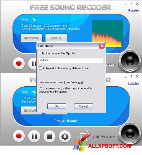 Screenshot Free Sound Recorder per Windows XP