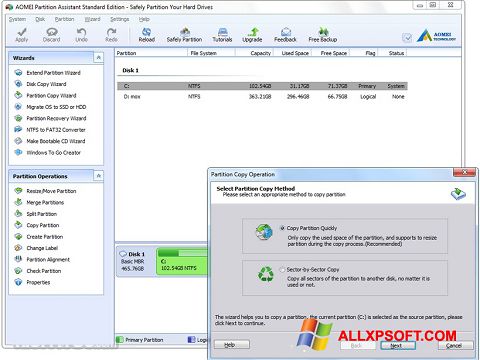 Screenshot AOMEI Partition Assistant per Windows XP