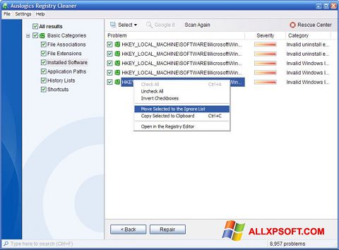Screenshot Auslogics Registry Cleaner per Windows XP