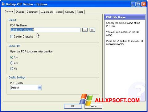 Screenshot BullZip PDF Printer per Windows XP