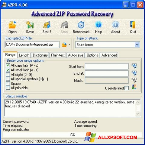 Screenshot Advanced Archive Password Recovery per Windows XP
