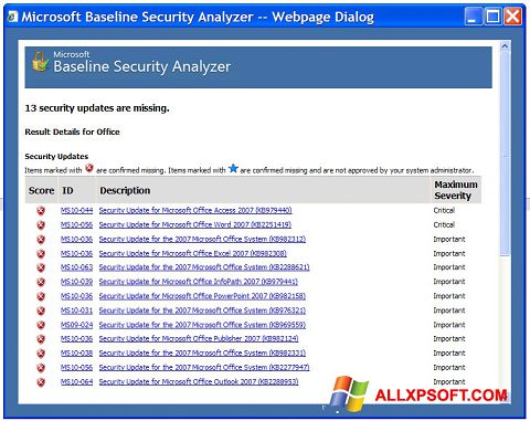 Screenshot Microsoft Baseline Security Analyzer per Windows XP