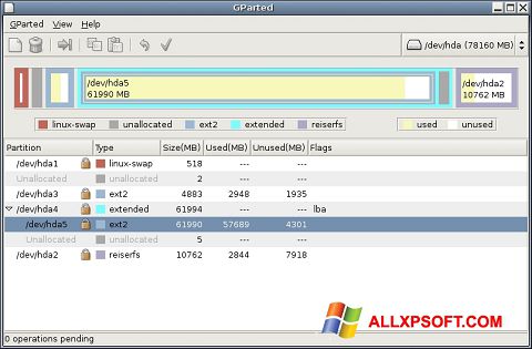 Screenshot GParted per Windows XP