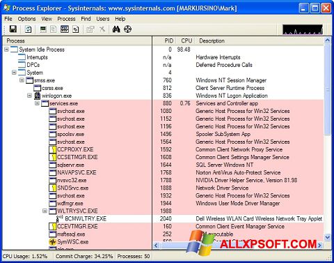 Screenshot Process Explorer per Windows XP