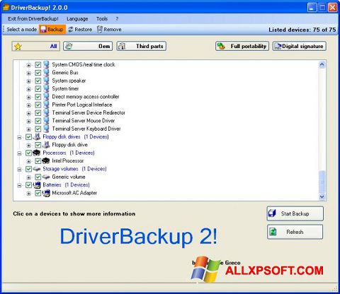 Screenshot Driver Backup per Windows XP
