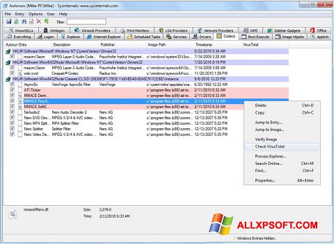 Screenshot AutoRuns per Windows XP