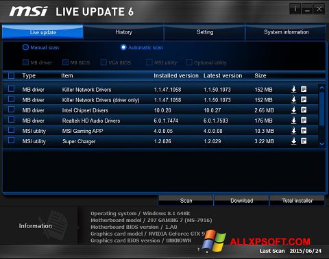 Screenshot MSI Live Update per Windows XP
